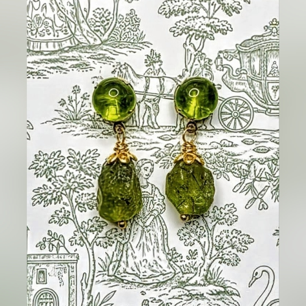 Natural  Peridot Genuine 4 Carats & Rough Peridot In Drop Gold Plated Earrings